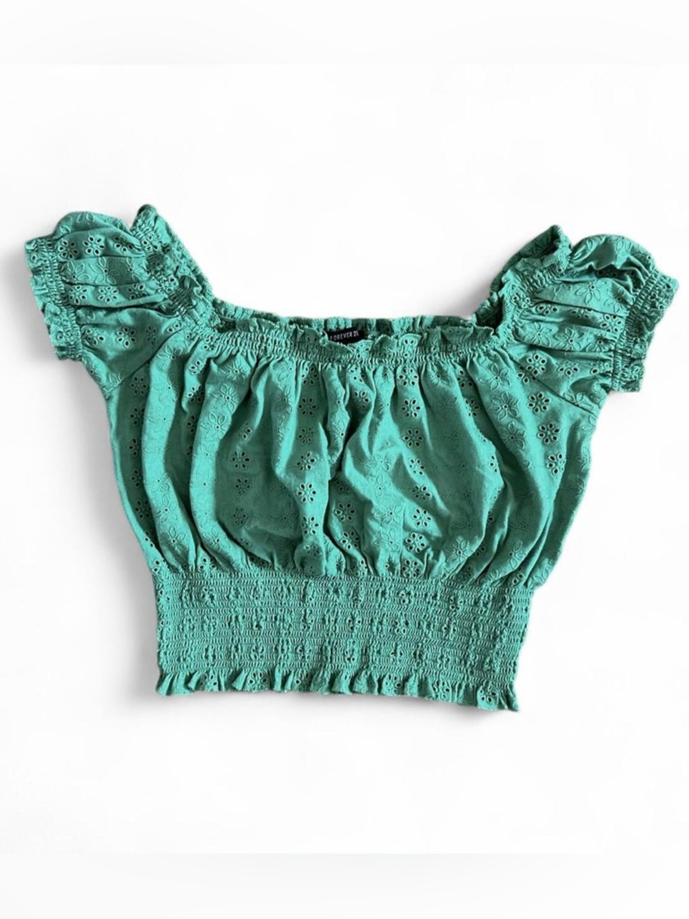 Forever 21 green eyelet summer staple feminine colorful off shoy crop top Size S